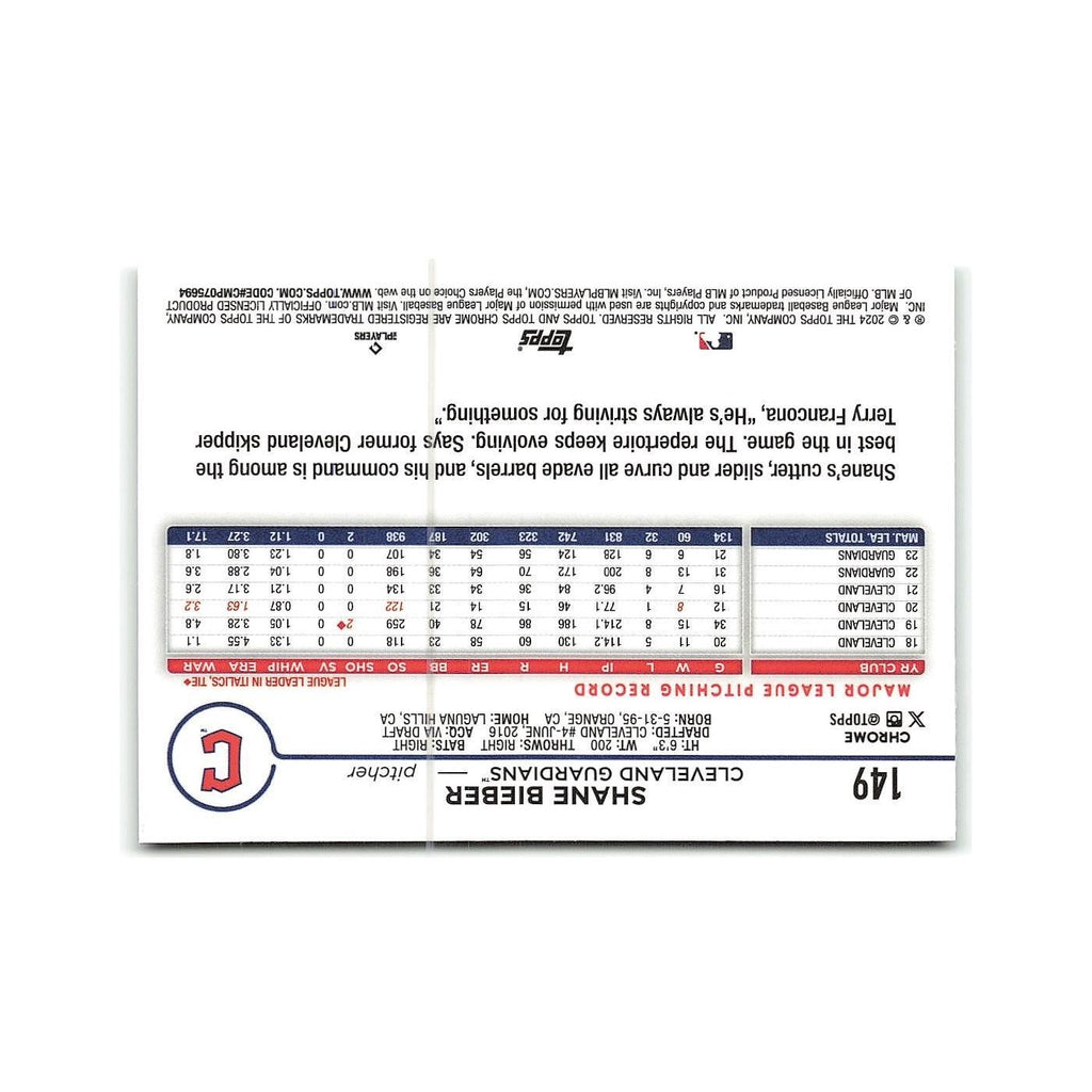 Shane Bieber 2024 Topps Chrome #149 Cleveland Guardians Baseball Card NM