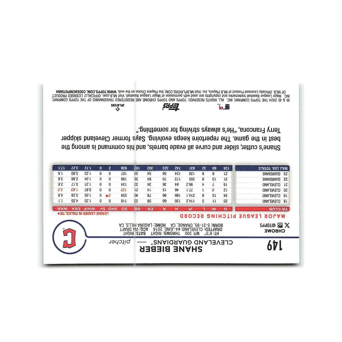 Shane Bieber 2024 Topps Chrome #149 Cleveland Guardians Baseball Card NM