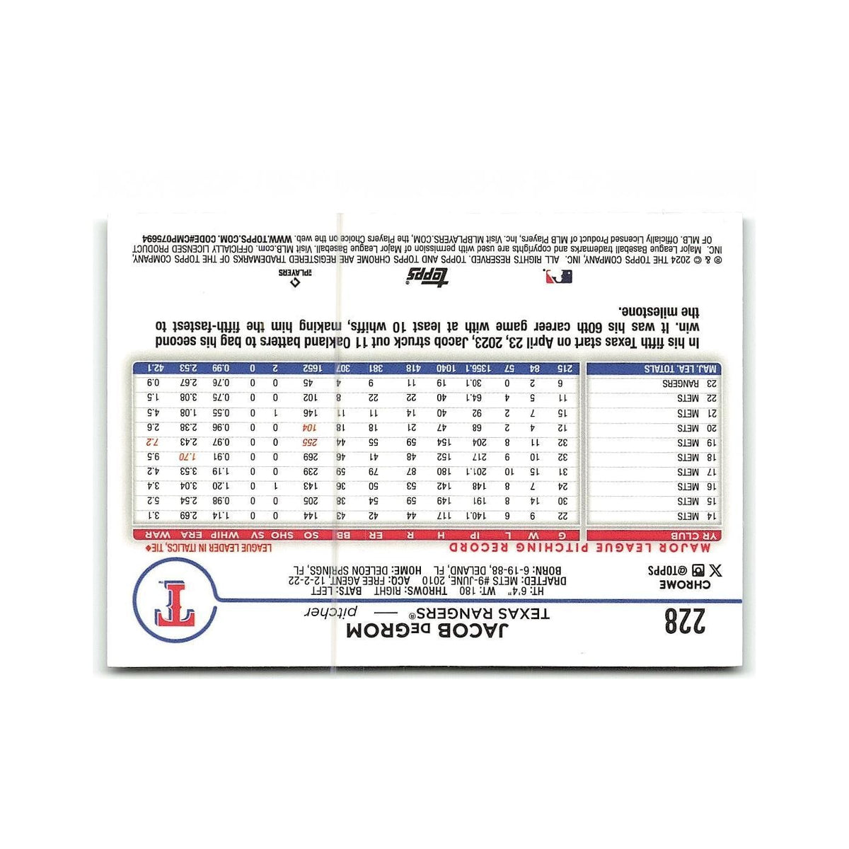 Jacob deGrom 2024 Topps Chrome #228 Texas Rangers Baseball Card NM