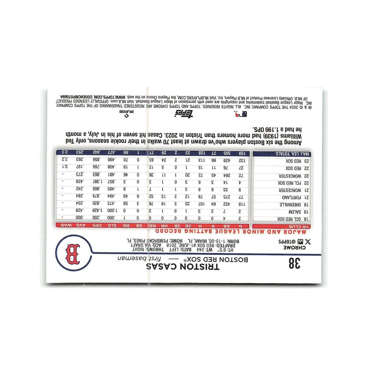 Triston Casas 2024 Topps Chrome #38 Boston Red Sox Baseball Card NM