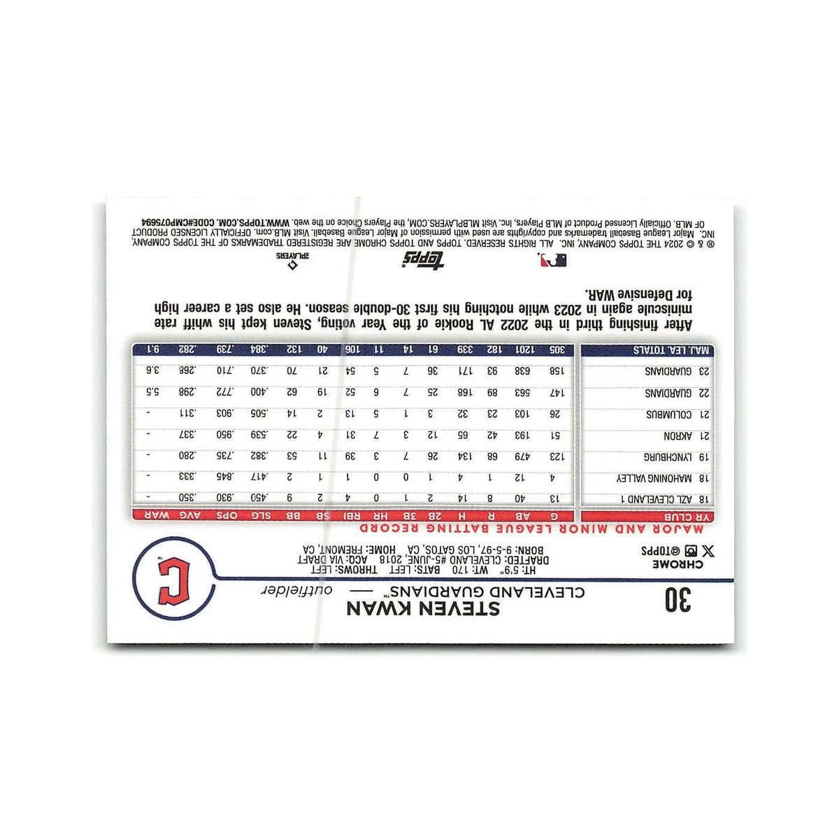 Steven Kwan 2024 Topps Chrome #30 Cleveland Guardians Baseball Card NM