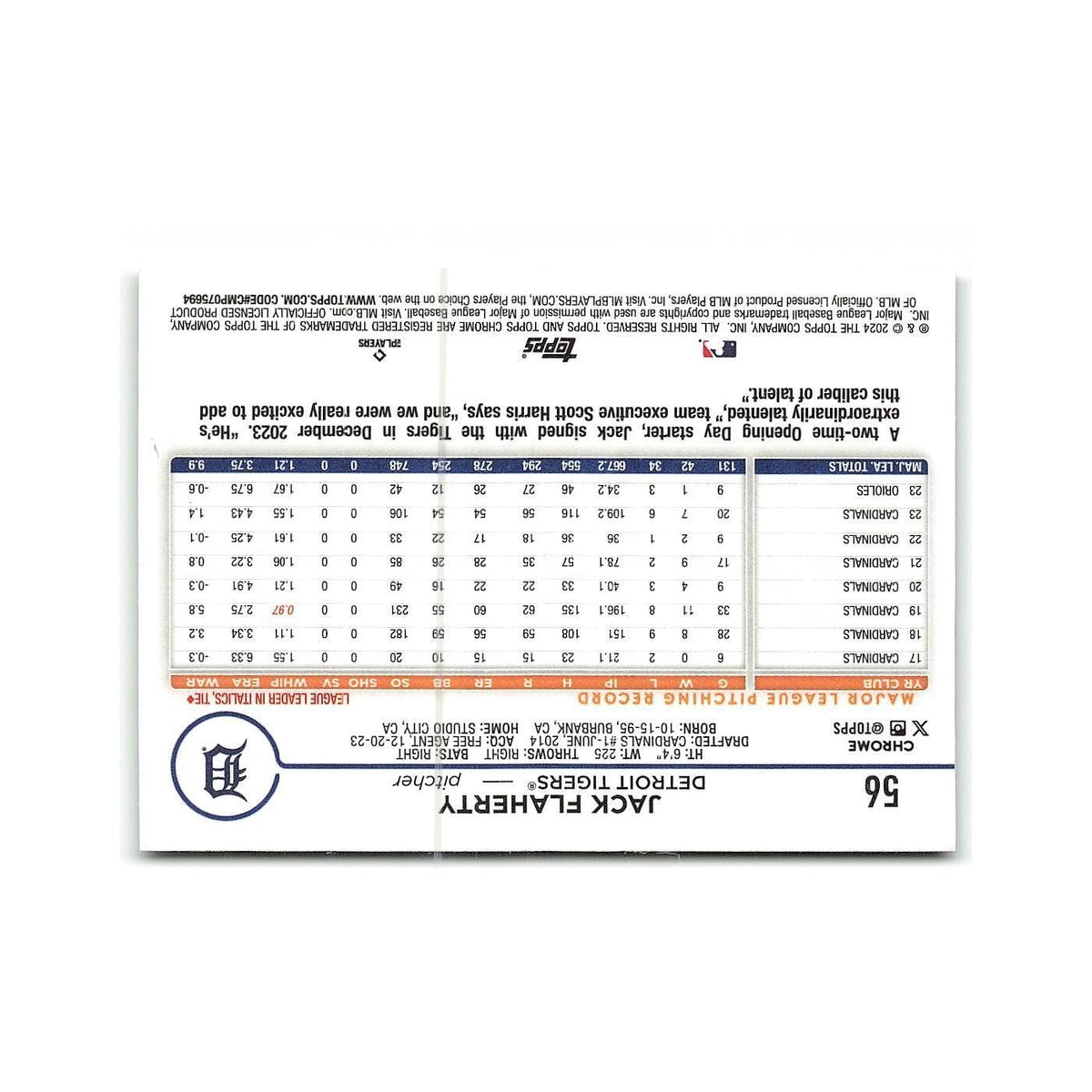 Jack Flaherty 2024 Topps Chrome #56 Detroit Tigers Baseball Card NM