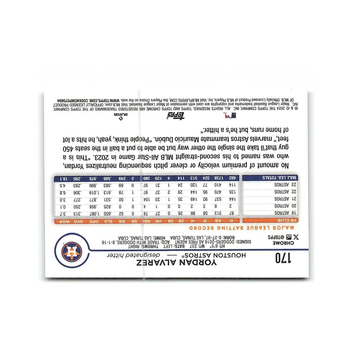 Yordan Alvarez 2024 Topps Chrome #170 Houston Astros Baseball Card NM