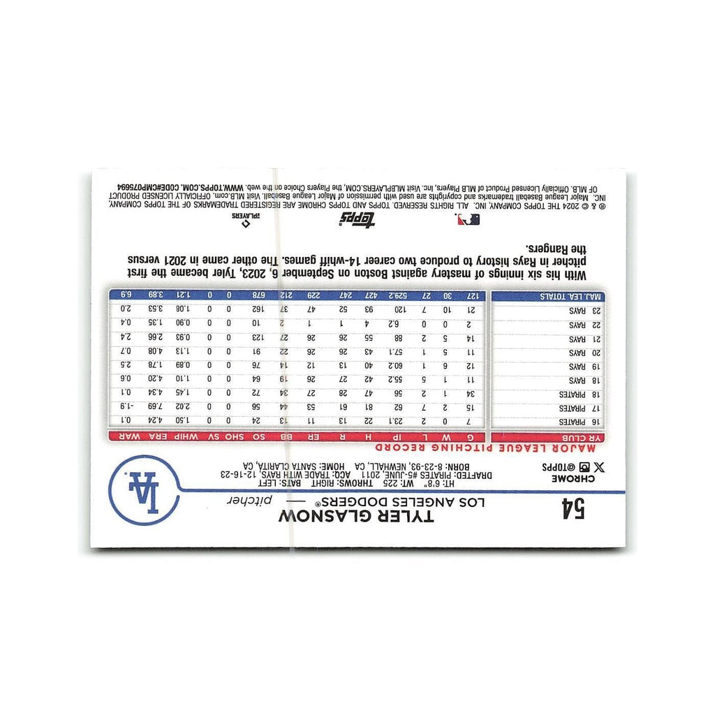 Tyler Glasnow 2024 Topps Chrome #54 Los Angeles Dodgers Baseball Card NM
