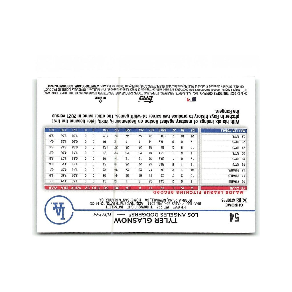 Tyler Glasnow 2024 Topps Chrome #54 Los Angeles Dodgers Baseball Card NM