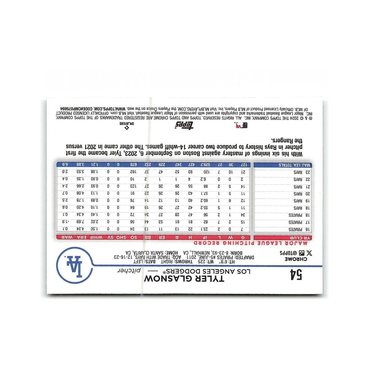 Tyler Glasnow 2024 Topps Chrome #54 Los Angeles Dodgers Baseball Card NM