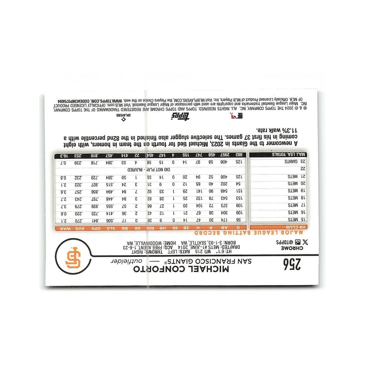Michael Conforto 2024 Topps Chrome #256 San Francisco Giants Baseball Card NM
