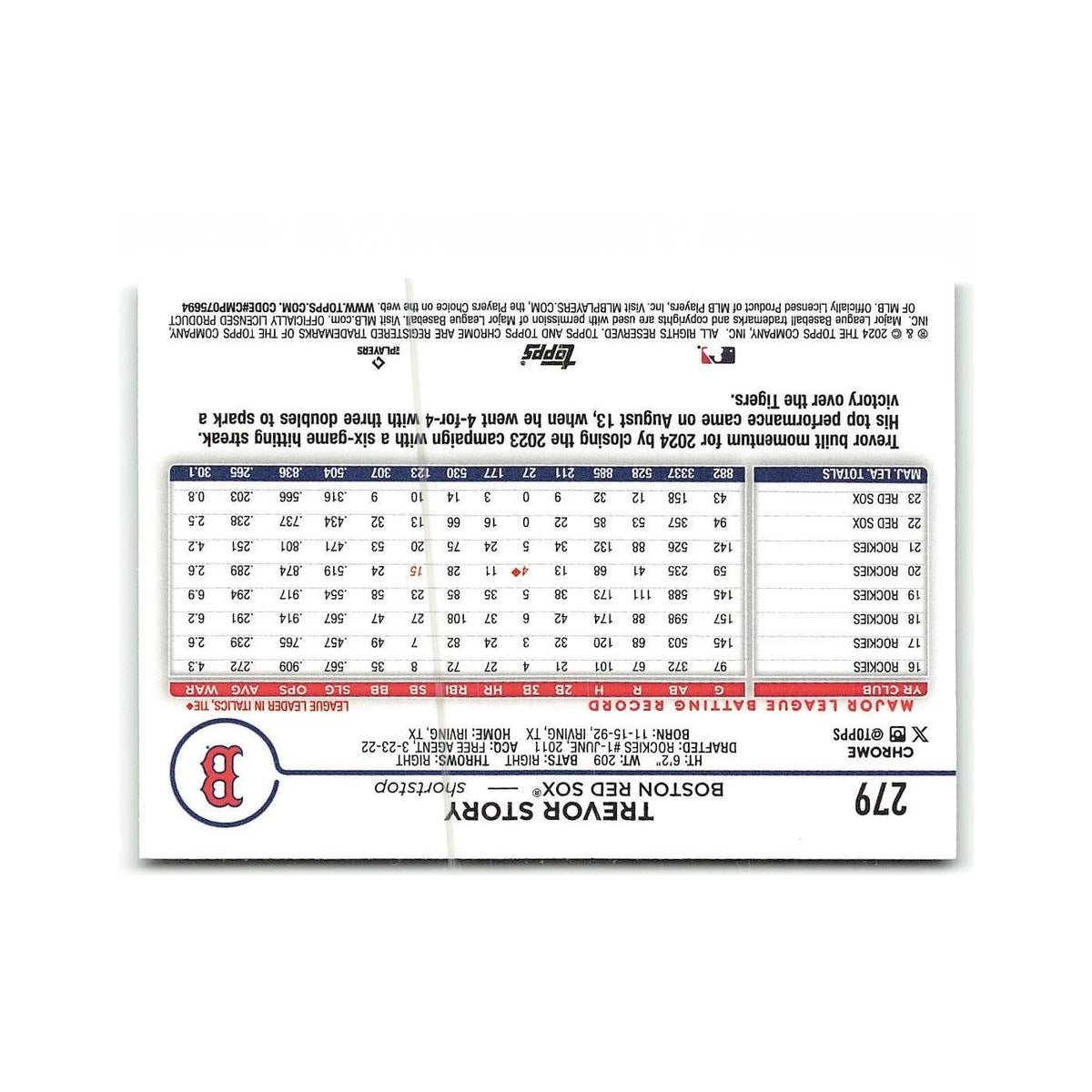 Trevor Story 2024 Topps Chrome #279 Boston Red Sox Baseball Card NM