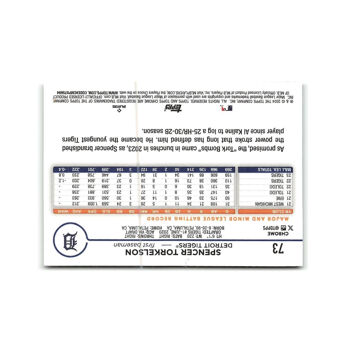 Spencer Torkelson 2024 Topps Chrome #73 Detroit Tigers Baseball Card NM