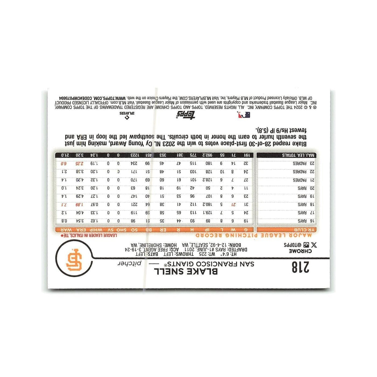 Blake Snell 2024 Topps Chrome #218 San Francisco Giants Baseball Card NM