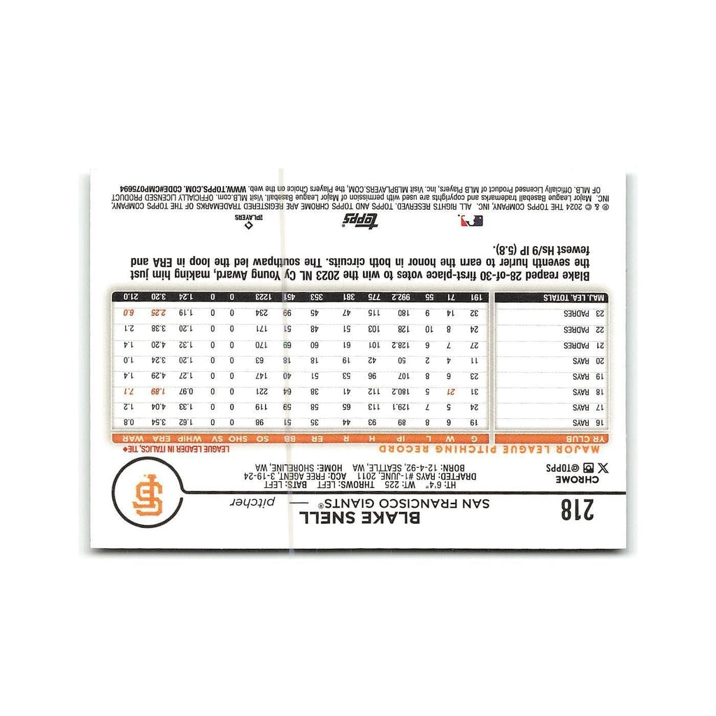 Blake Snell 2024 Topps Chrome #218 San Francisco Giants Baseball Card NM