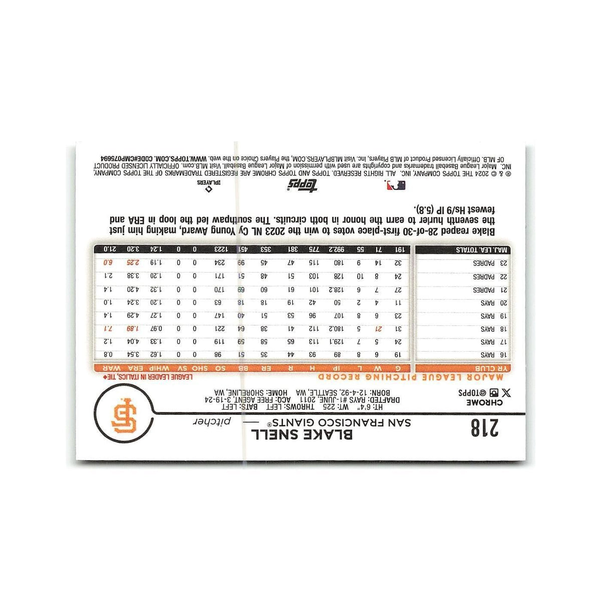 Blake Snell 2024 Topps Chrome #218 San Francisco Giants Baseball Card NM