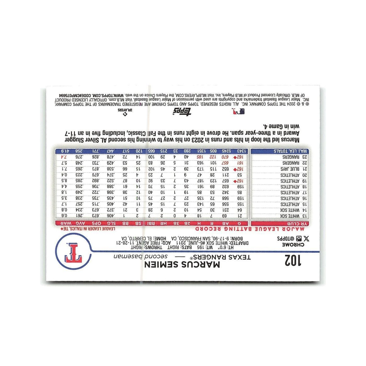 Marcus Semien 2024 Topps Chrome #102 Texas Rangers Baseball Card NM