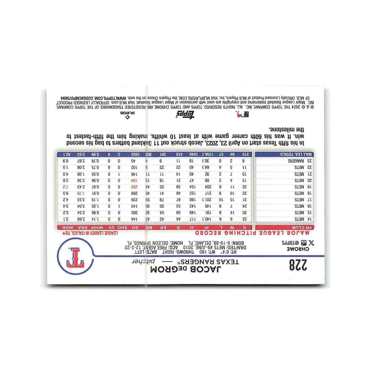 Jacob deGrom 2024 Topps Chrome #228 Texas Rangers Baseball Card NM