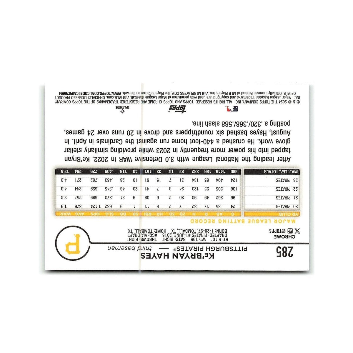 Ke'Bryan Hayes 2024 Topps Chrome #285 Pittsburgh Pirates Baseball Card NM