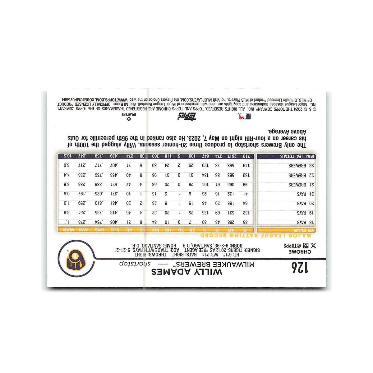 Willy Adames 2024 Topps Chrome #126 Milwaukee Brewers Baseball Card NM