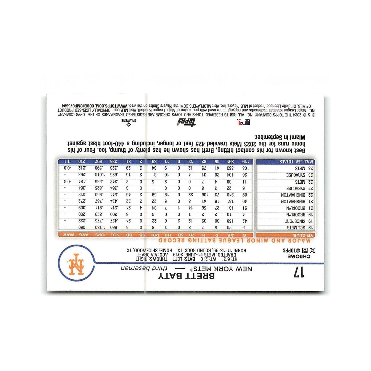 Brett Baty 2024 Topps Chrome #17 New York Mets Baseball Card NM
