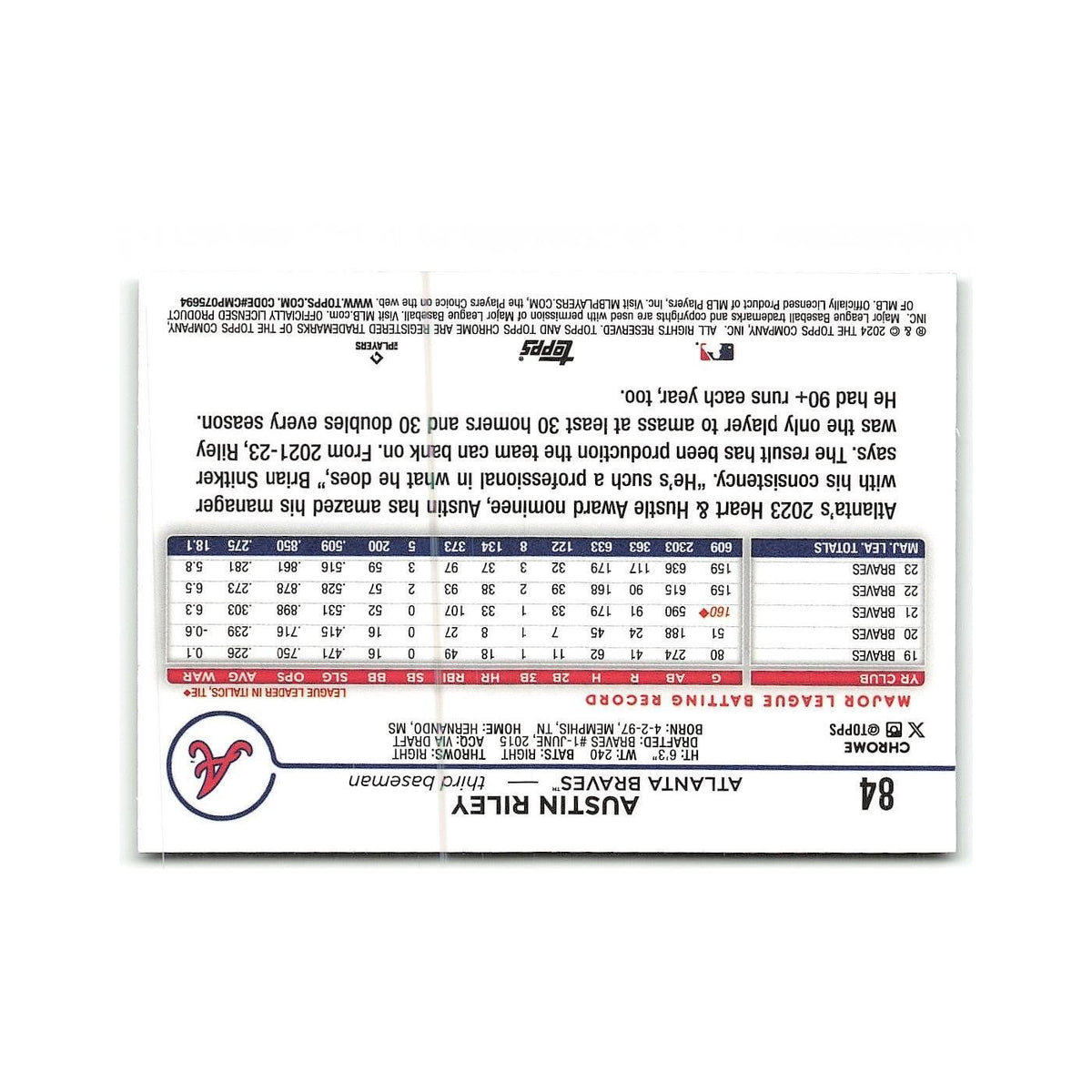Austin Riley 2024 Topps Chrome #84 Atlanta Braves Baseball Card NM
