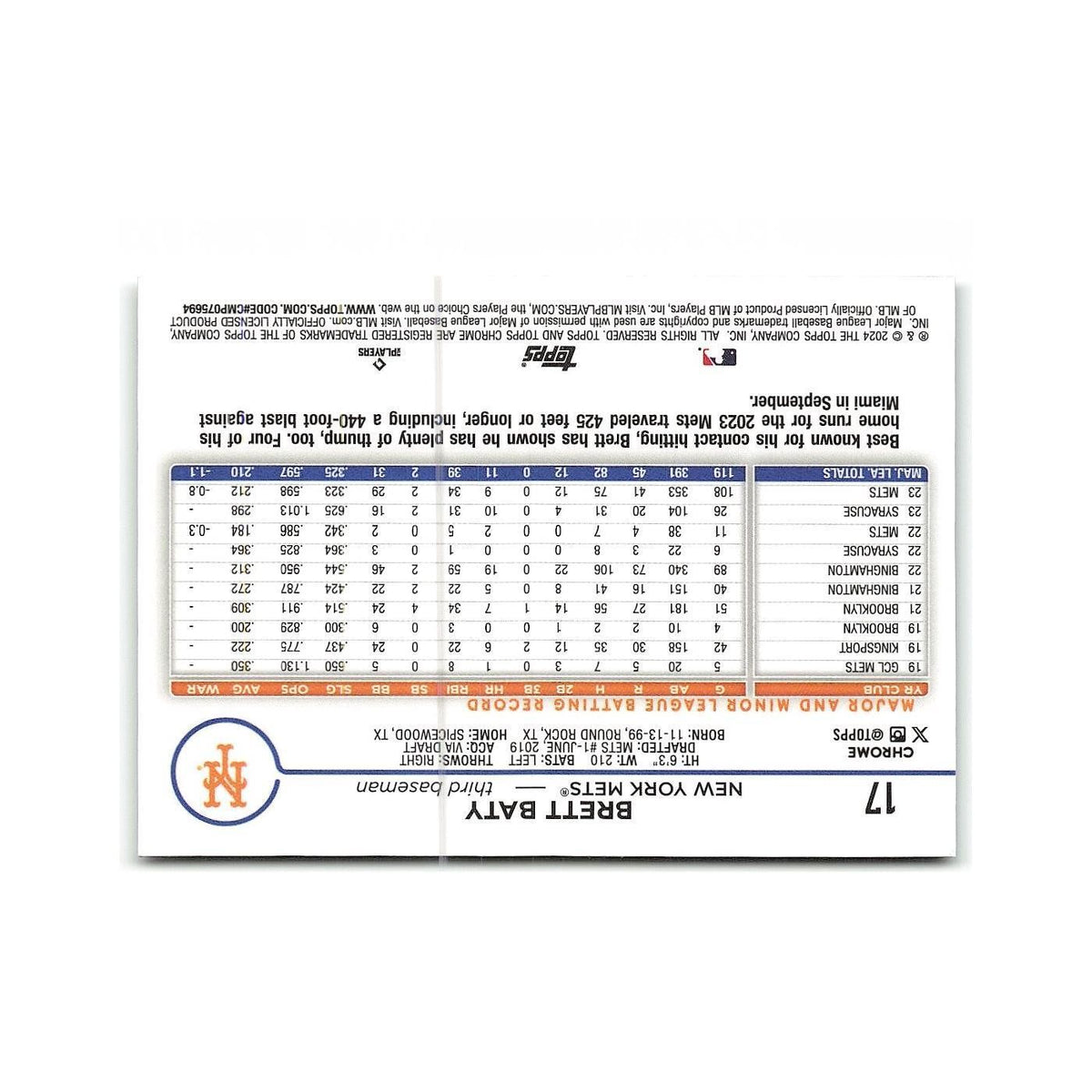 Brett Baty 2024 Topps Chrome #17 New York Mets Baseball Card NM