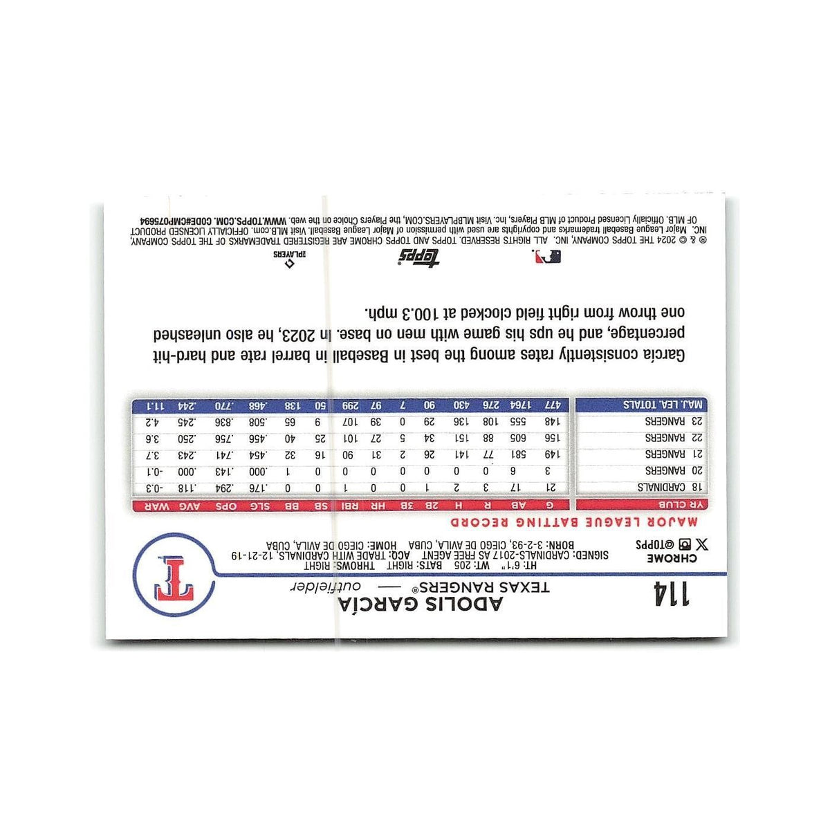 Adolis García 2024 Topps Chrome #114 Texas Rangers Baseball Card NM