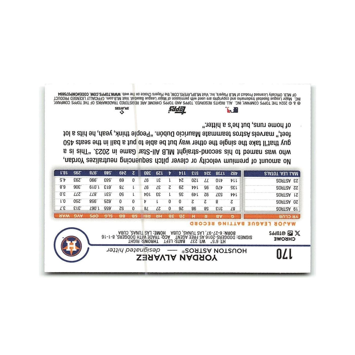 Yordan Alvarez 2024 Topps Chrome #170 Houston Astros Baseball Card NM