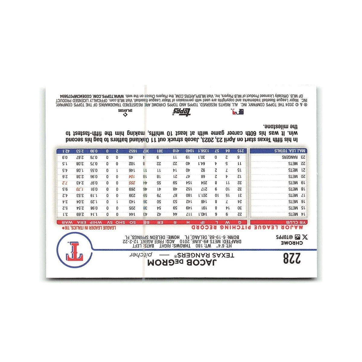 Jacob deGrom 2024 Topps Chrome #228 Texas Rangers Baseball Card NM