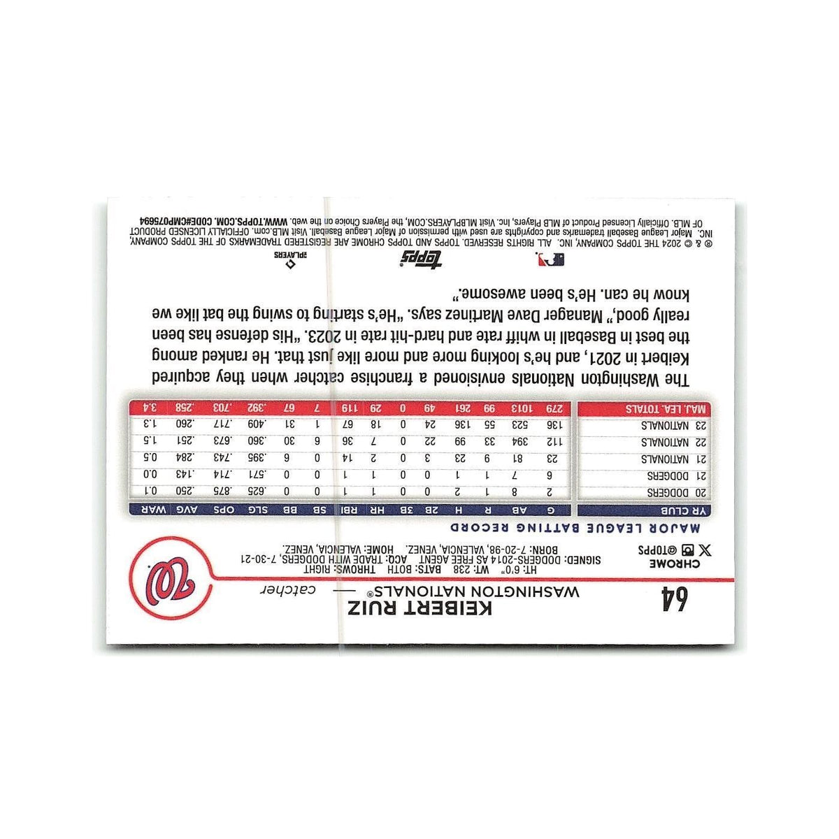 Keibert Ruiz 2024 Topps Chrome #64 Washington Nationals Baseball Card NM