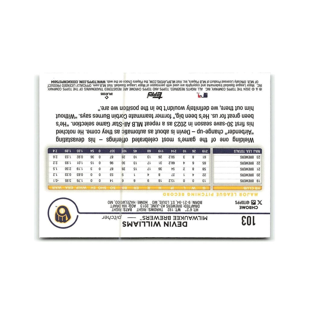 Devin Williams 2024 Topps Chrome #103 Milwaukee Brewers Baseball Card NM