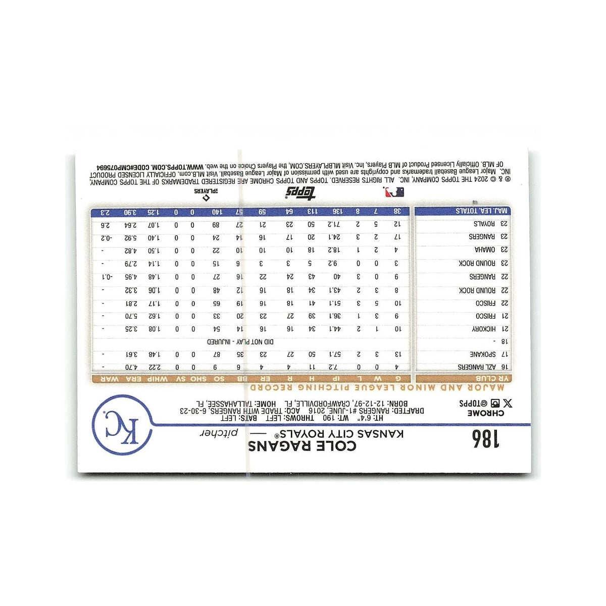 Cole Ragans 2024 Topps Chrome #186 Kansas City Royals Baseball Card NM