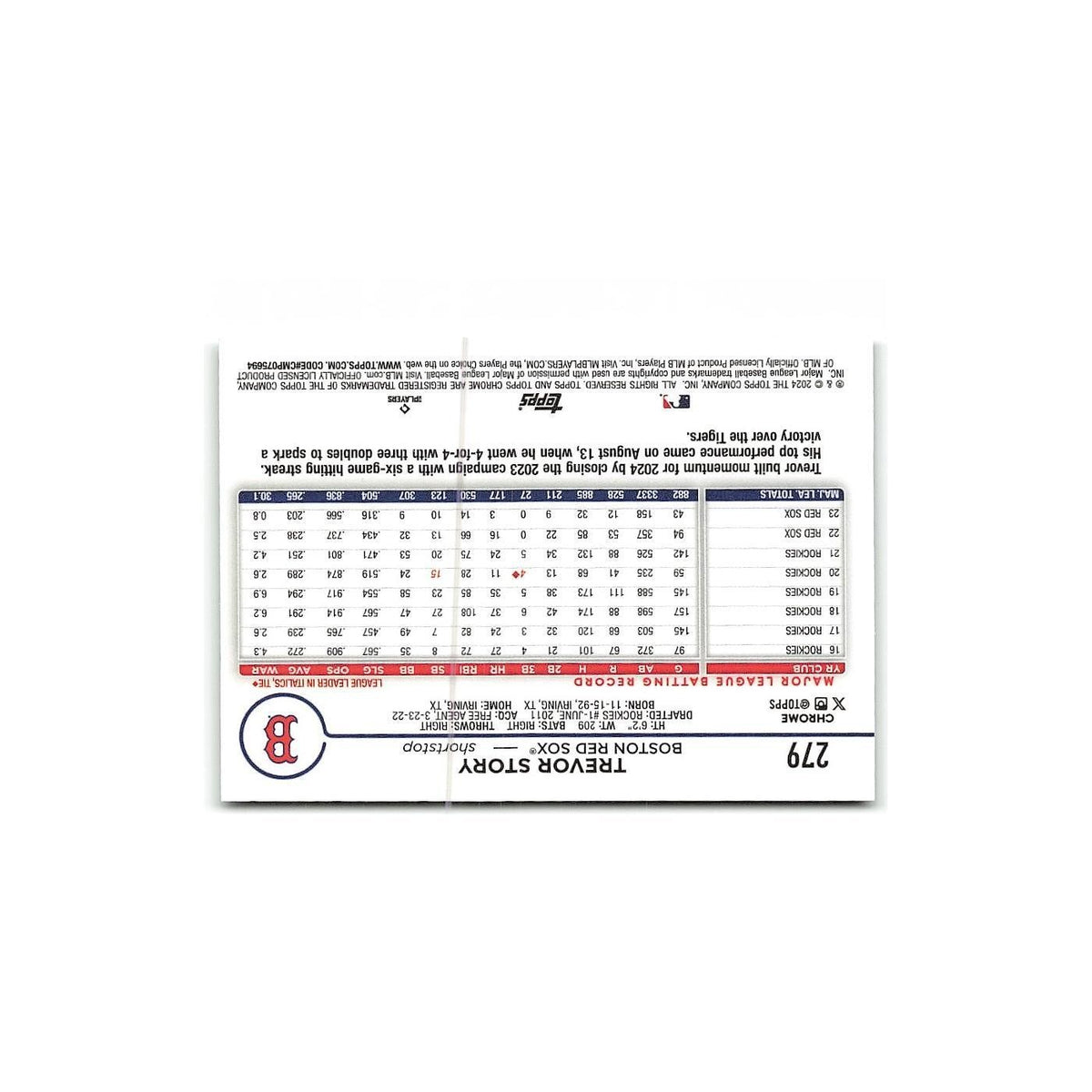 Trevor Story 2024 Topps Chrome #279 Boston Red Sox Baseball Card NM