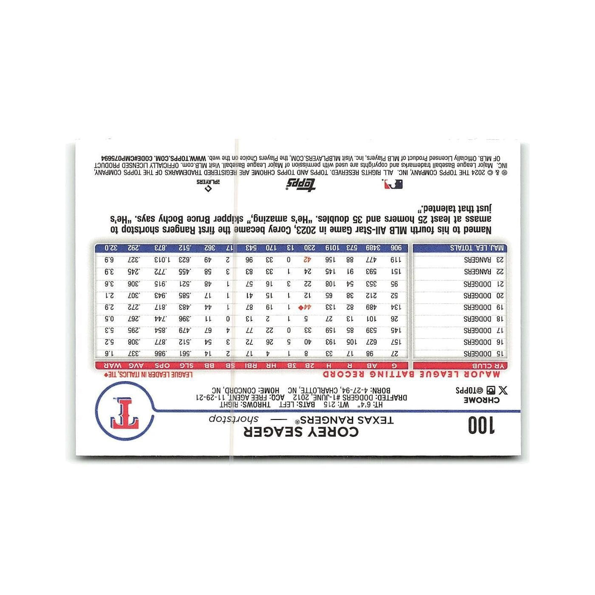 Corey Seager 2024 Topps Chrome #100 Texas Rangers Baseball Card NM