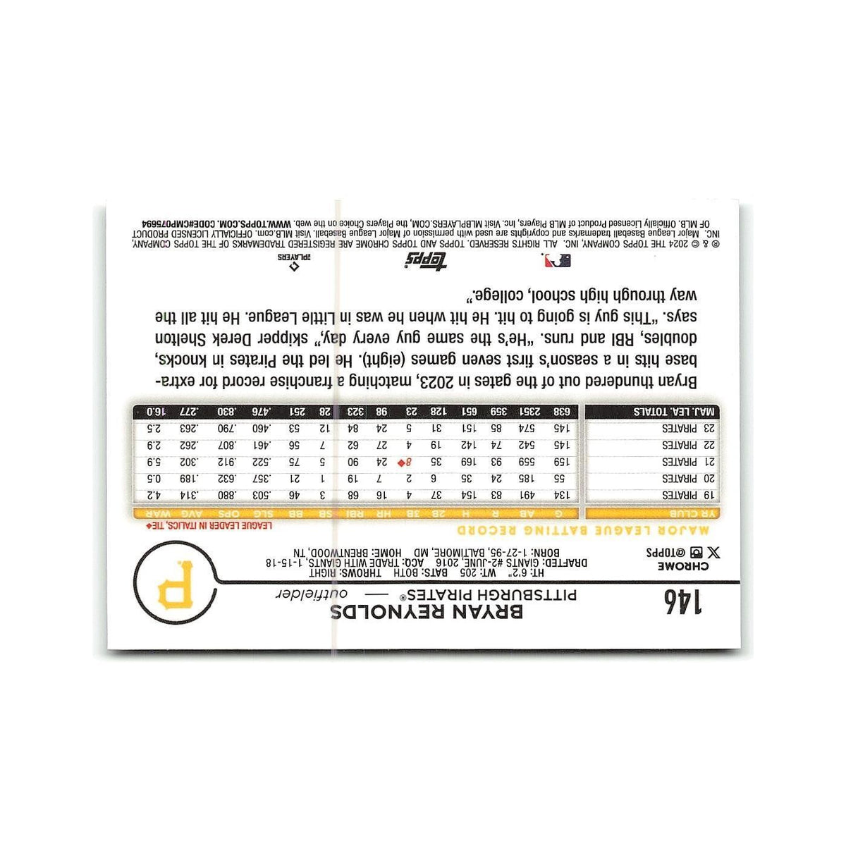 Bryan Reynolds 2024 Topps Chrome #146 Pittsburgh Pirates Baseball Card NM