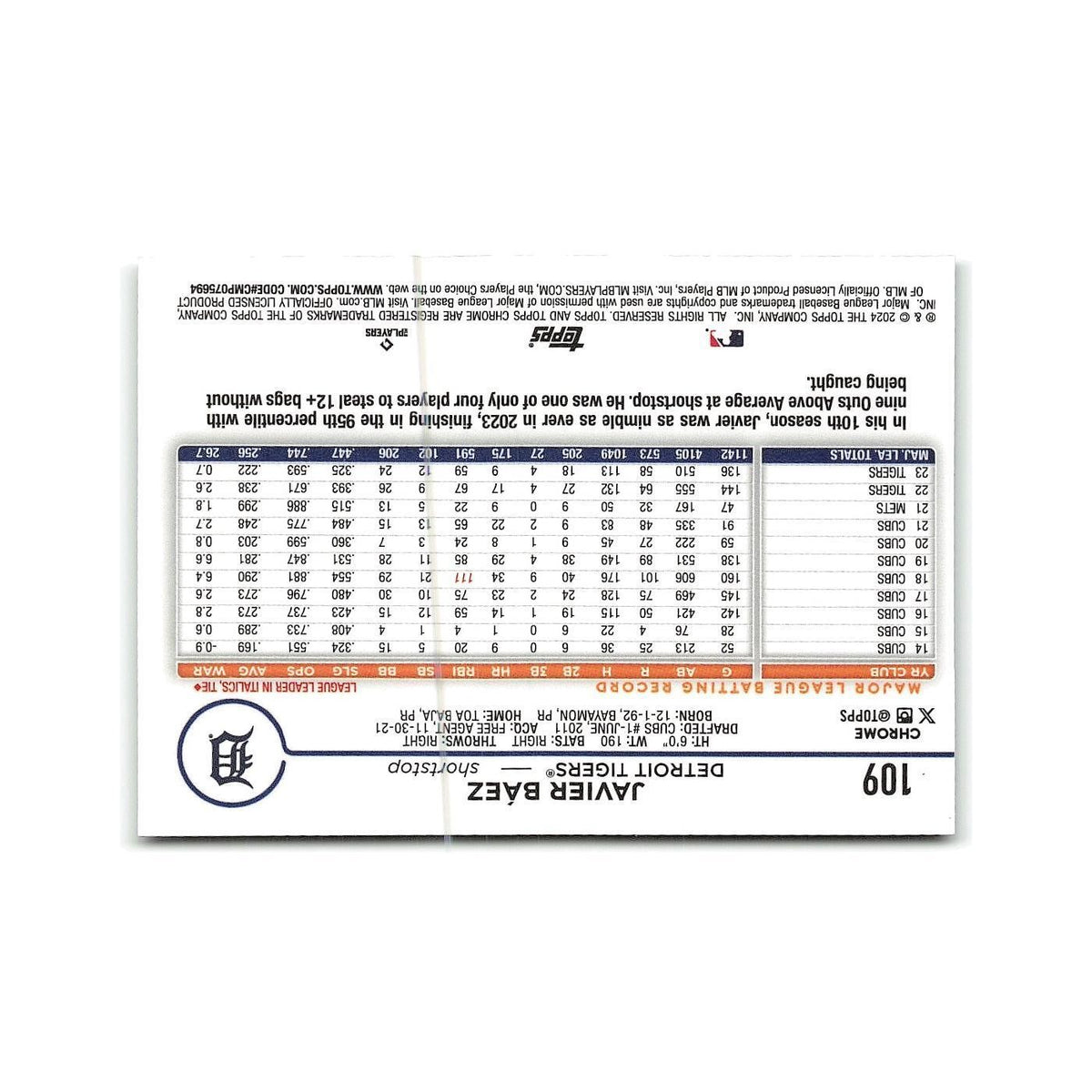 Javier Báez 2024 Topps Chrome #109 Detroit Tigers Baseball Card NM
