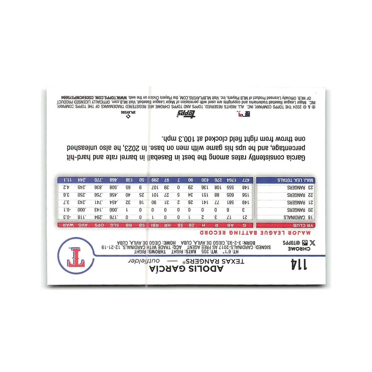 Adolis García 2024 Topps Chrome #114 Texas Rangers Baseball Card NM