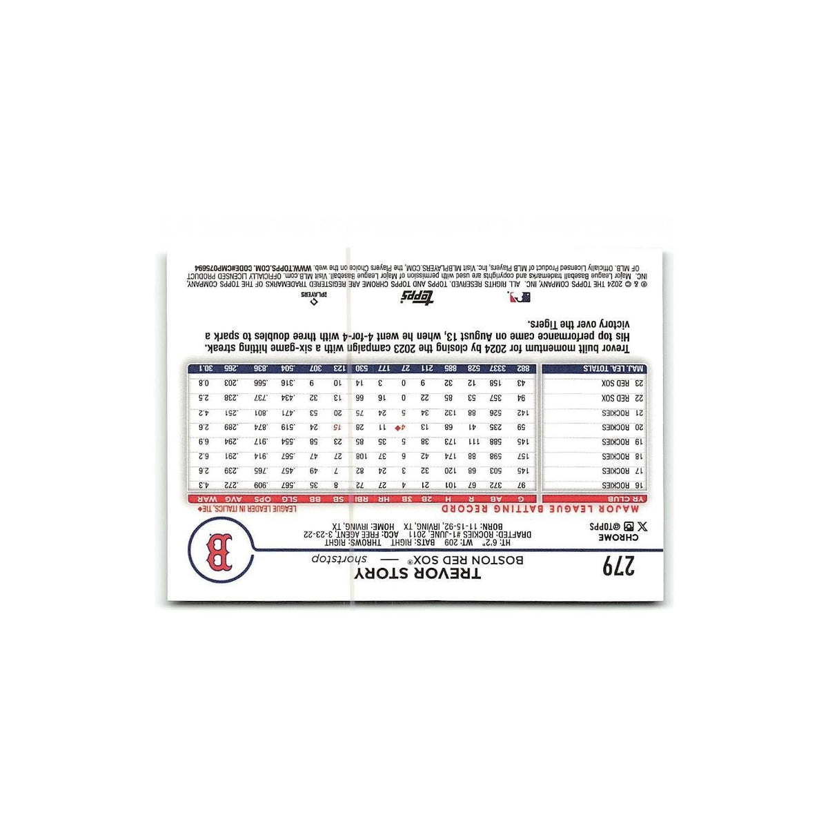 Trevor Story 2024 Topps Chrome #279 Boston Red Sox Baseball Card NM