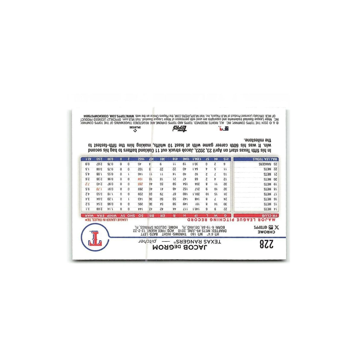 Jacob deGrom 2024 Topps Chrome #228 Texas Rangers Baseball Card NM