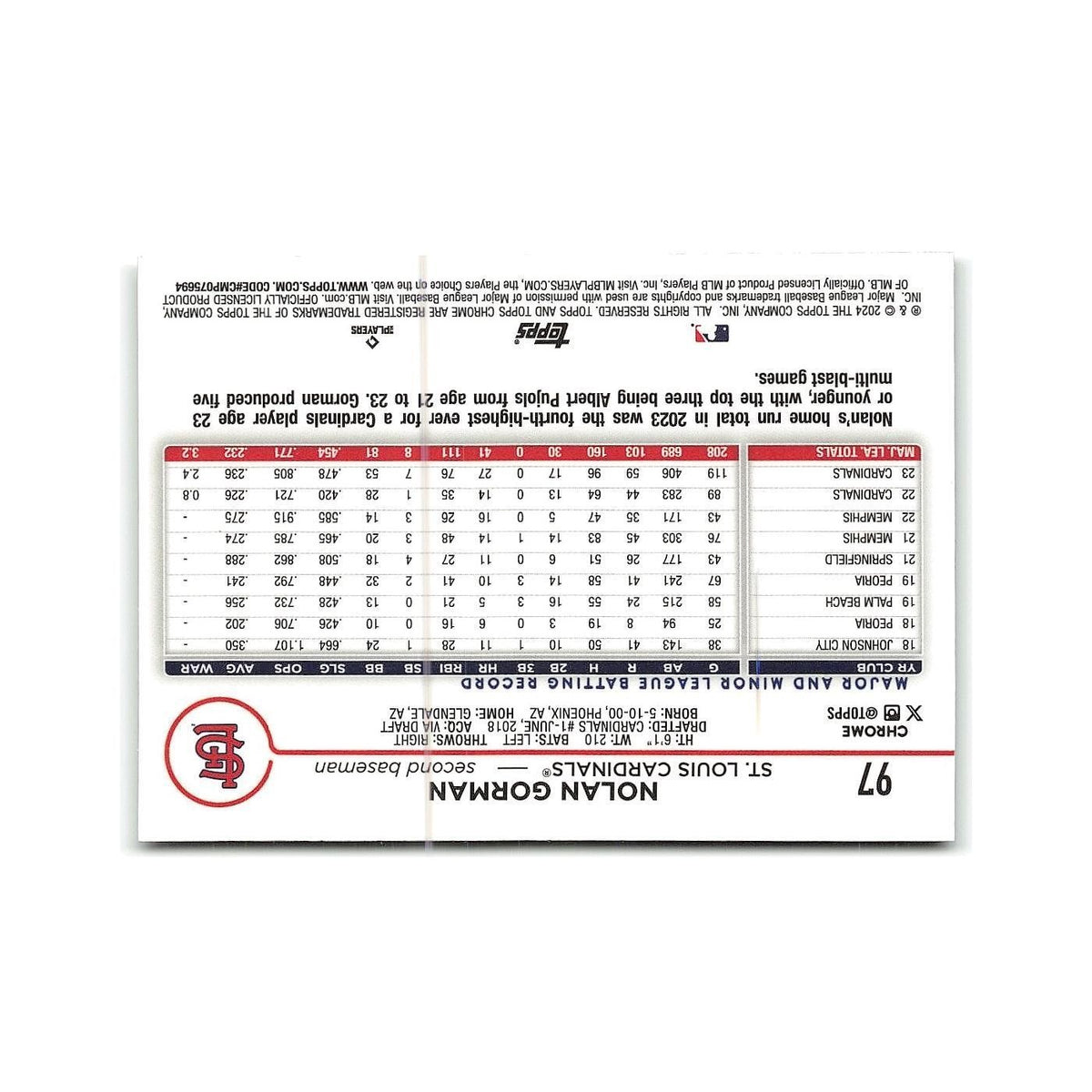 Nolan Gorman 2024 Topps Chrome #97 St. Louis Cardinals Baseball Card NM