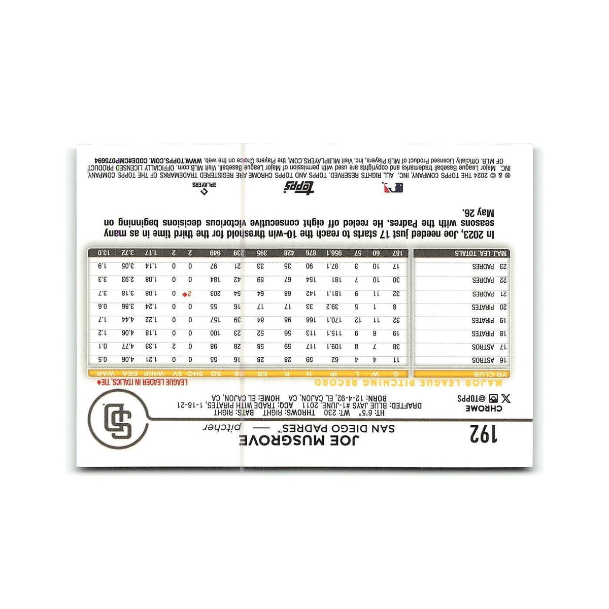 Joe Musgrove 2024 Topps Chrome #192 San Diego Padres Baseball Card NM