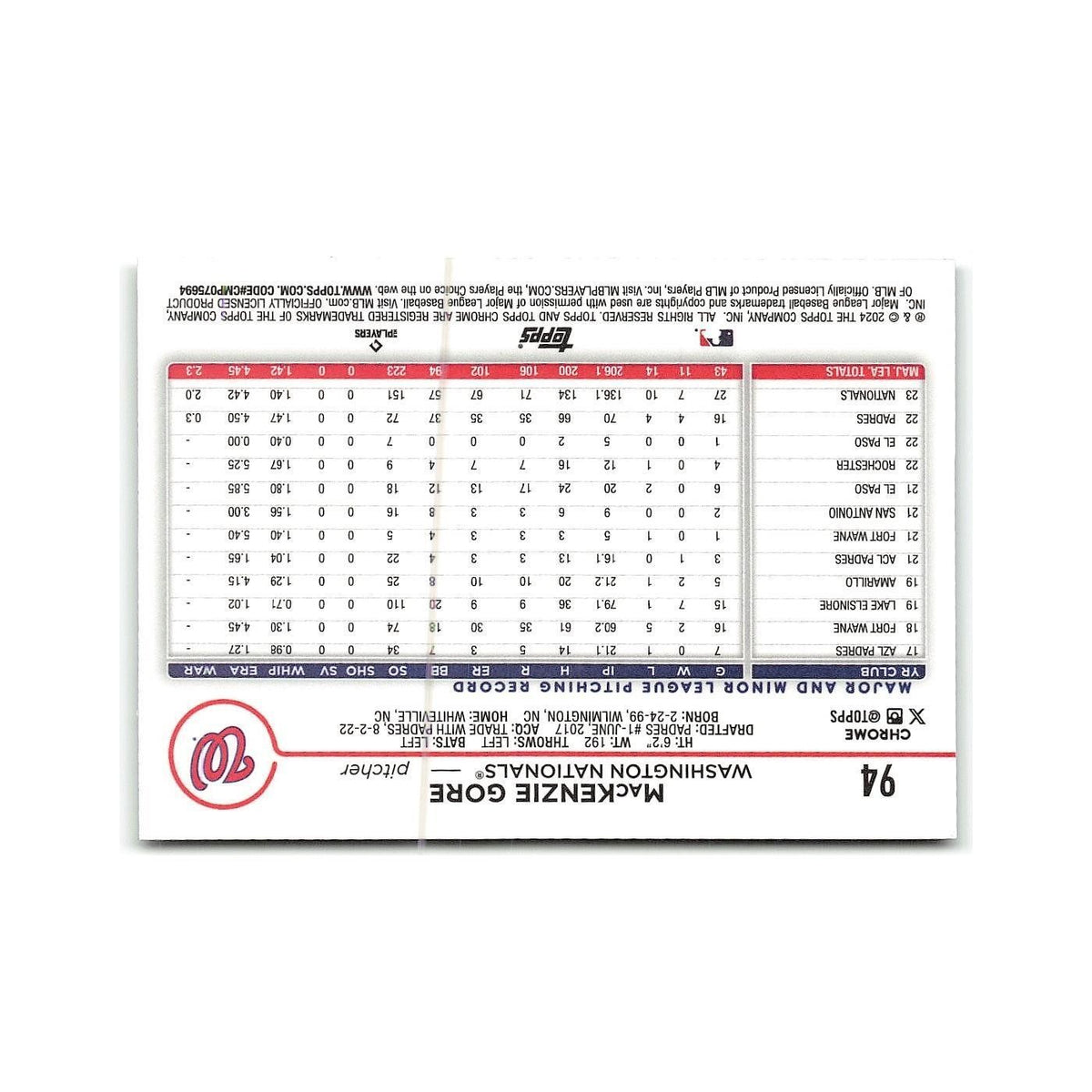 MacKenzie Gore 2024 Topps Chrome #94 Washington Nationals Baseball Card NM
