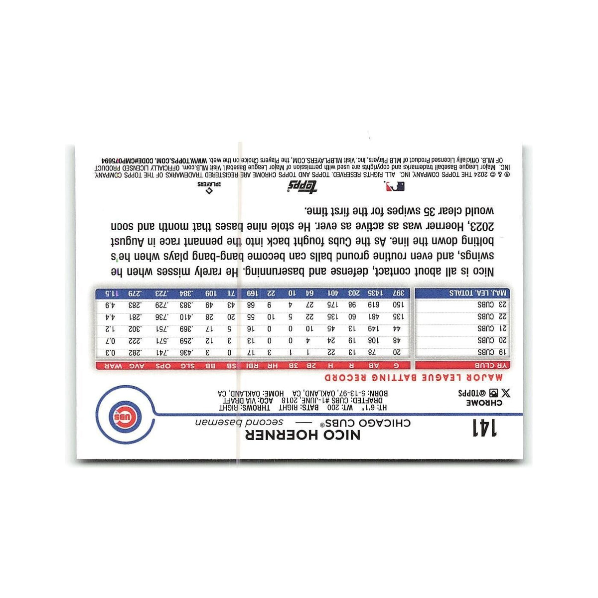 Nico Hoerner 2024 Topps Chrome #141 Chicago Cubs Baseball Card NM