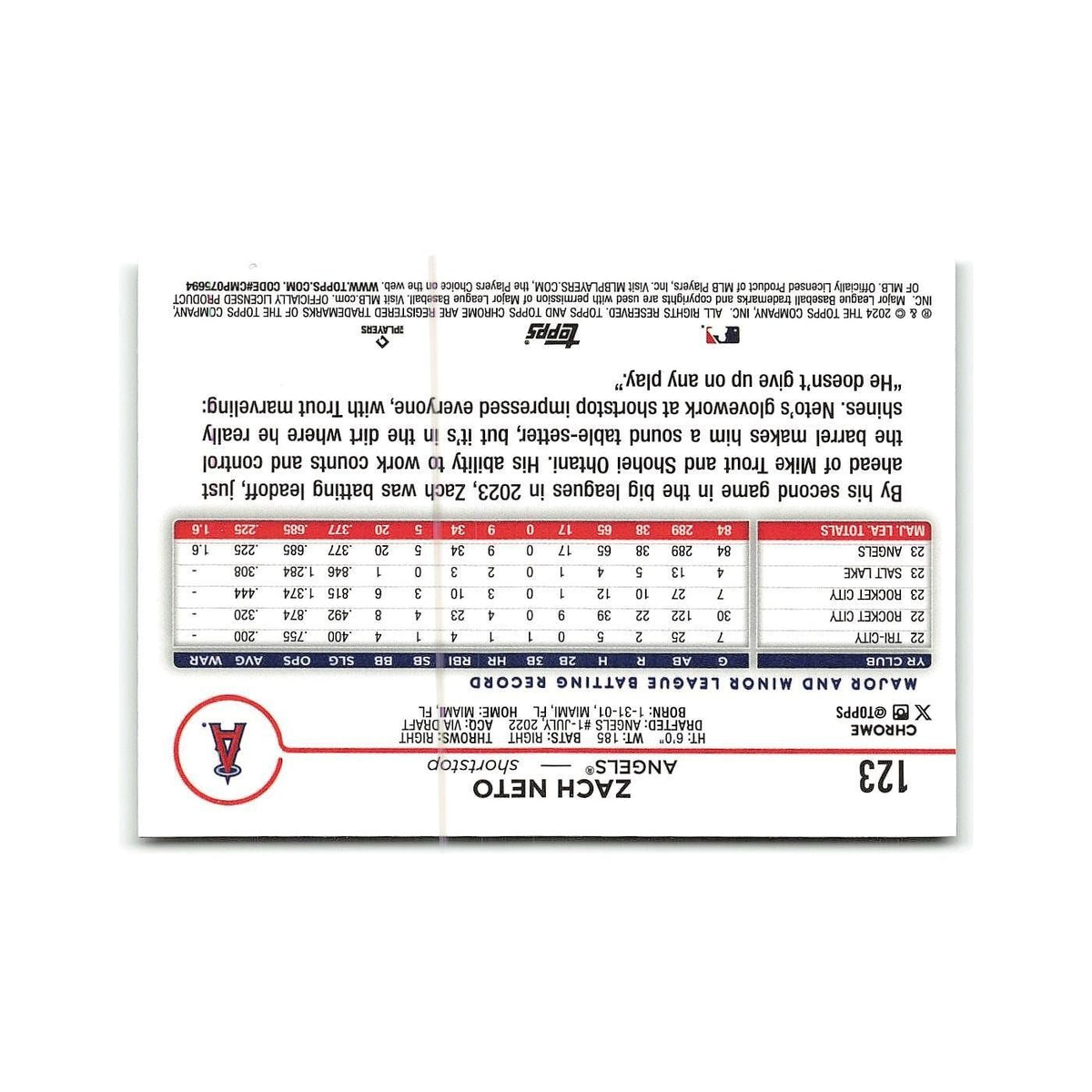 Zach Neto 2024 Topps Chrome #123 Los Angeles Angels Baseball Card NM