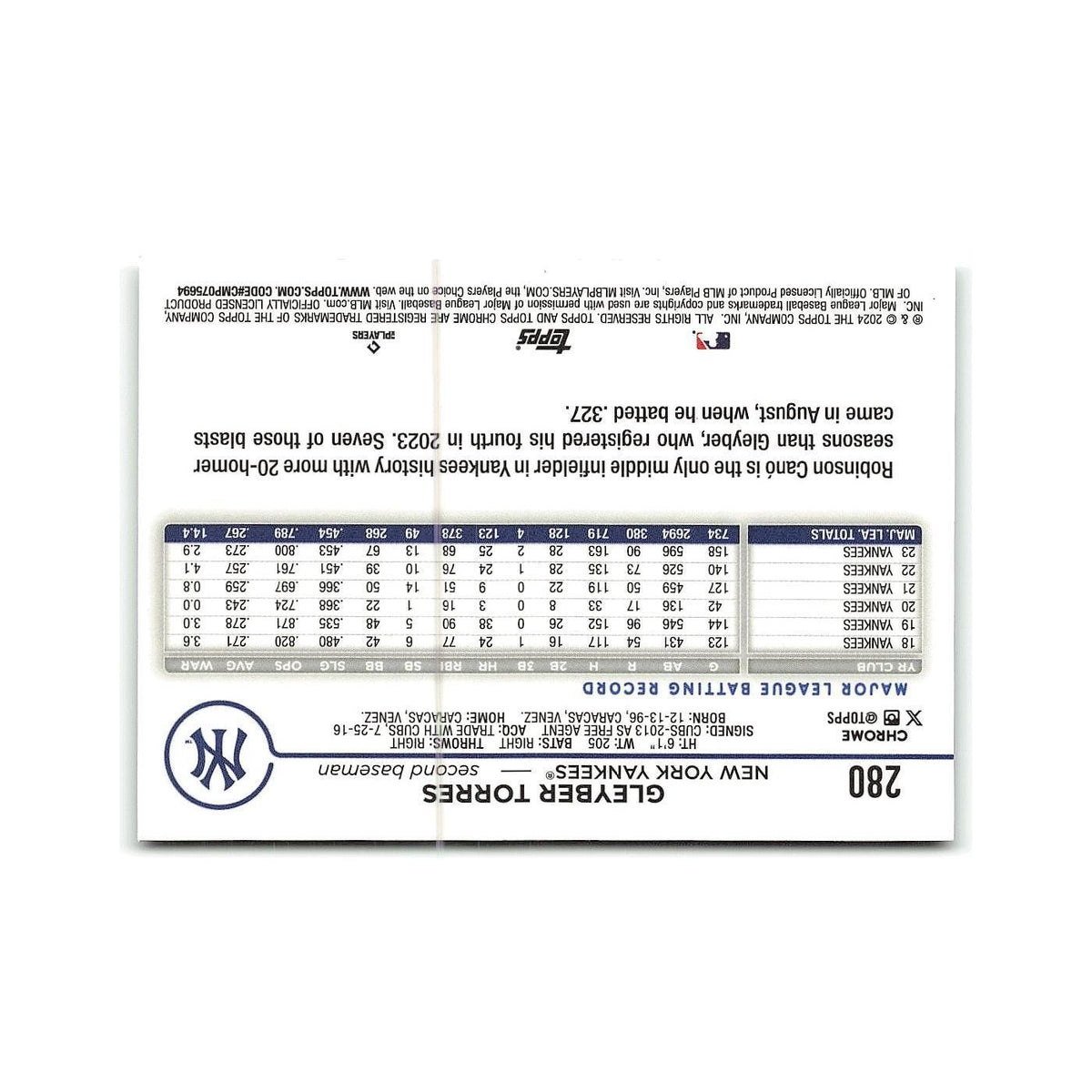 Gleyber Torres 2024 Topps Chrome #280 New York Yankees Baseball Card NM