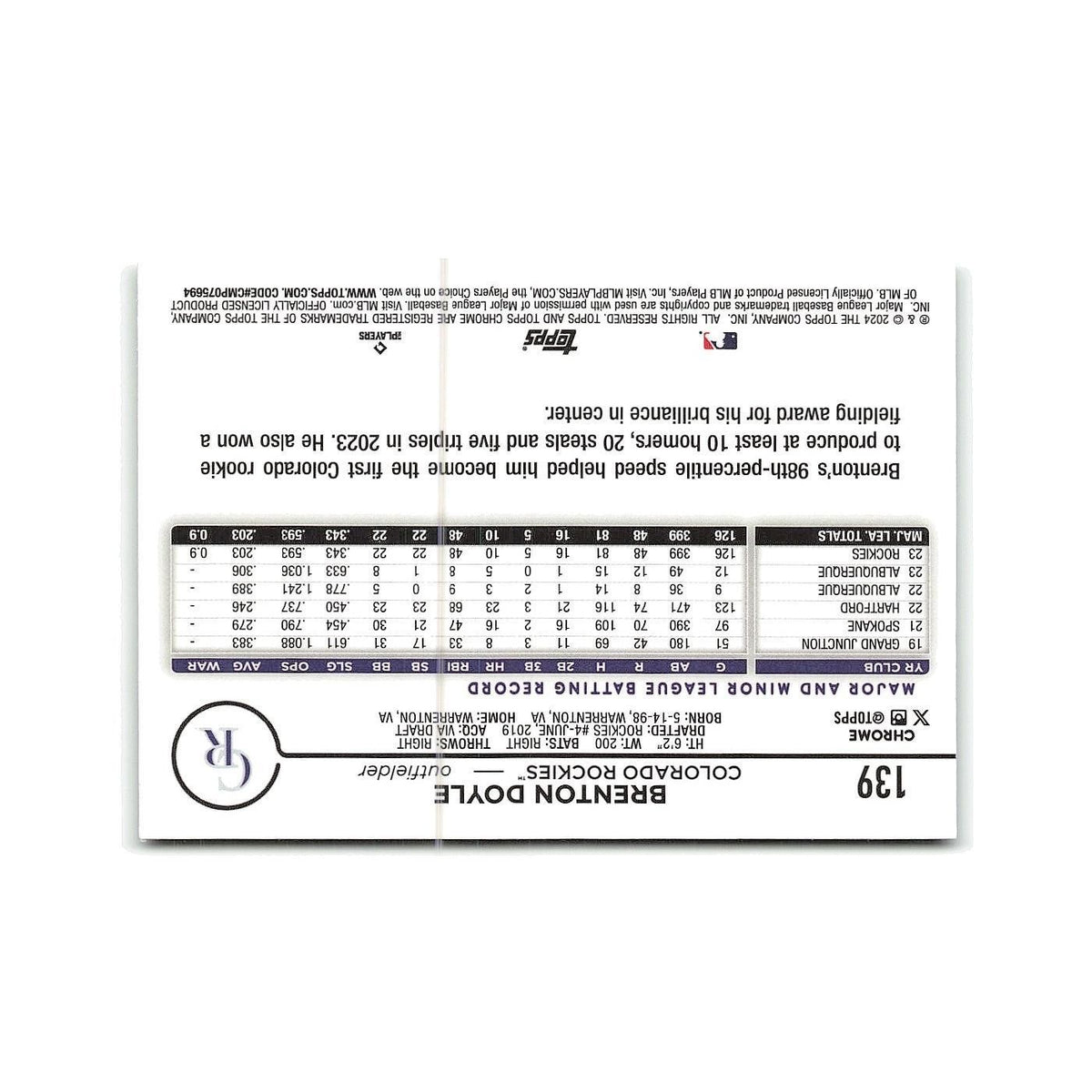 Brenton Doyle 2024 Topps Chrome #139 Colorado Rockies Baseball Card NM
