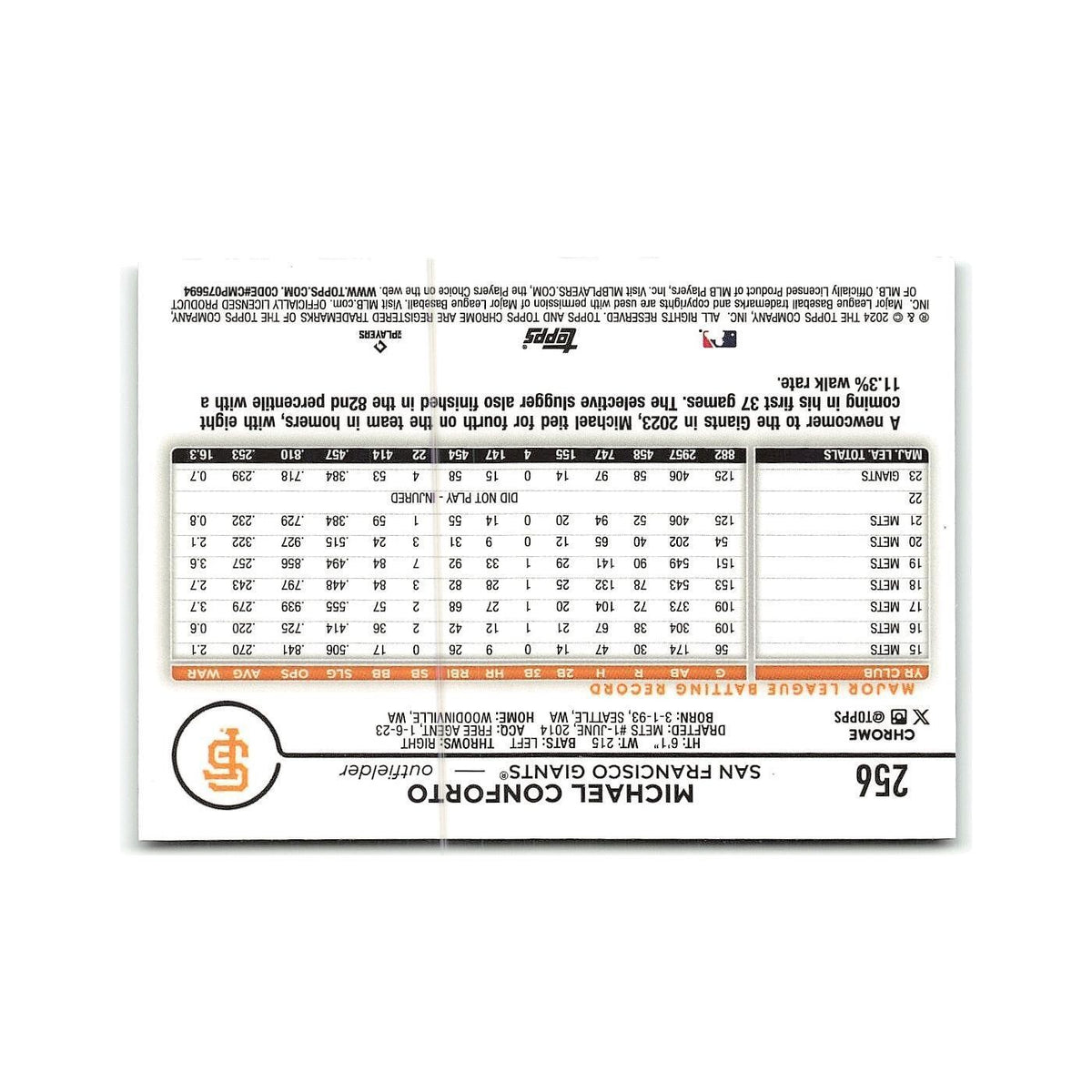 Michael Conforto 2024 Topps Chrome #256 San Francisco Giants Baseball Card NM