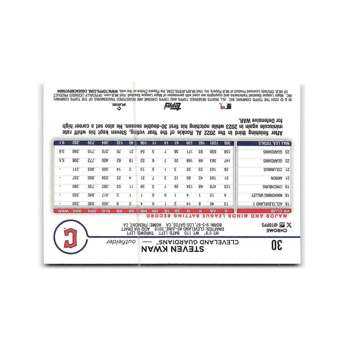 Steven Kwan 2024 Topps Chrome #30 Cleveland Guardians Baseball Card NM