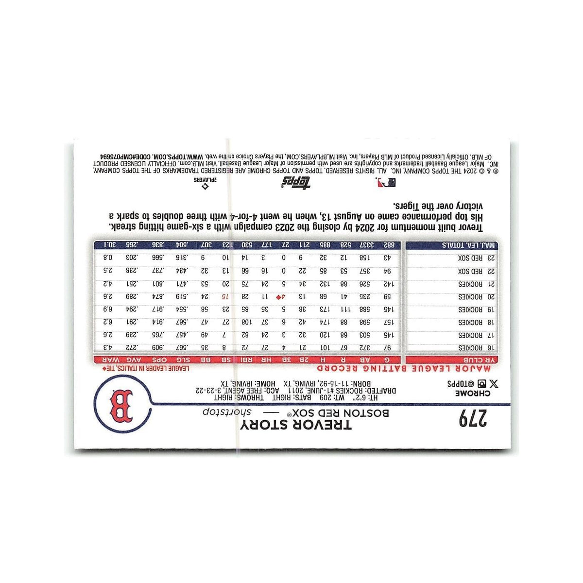 Trevor Story 2024 Topps Chrome #279 Boston Red Sox Baseball Card NM