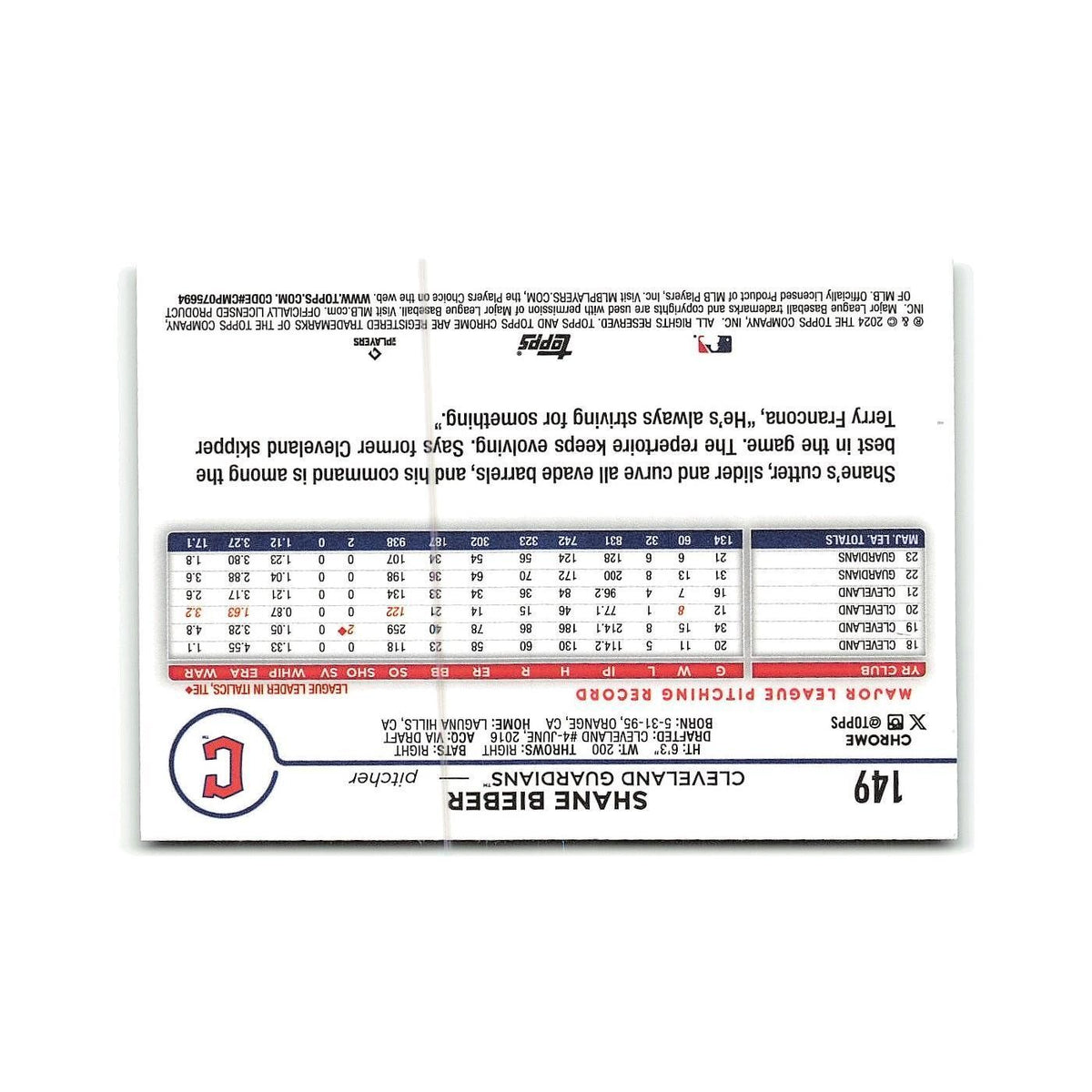 Shane Bieber 2024 Topps Chrome #149 Cleveland Guardians Baseball Card NM