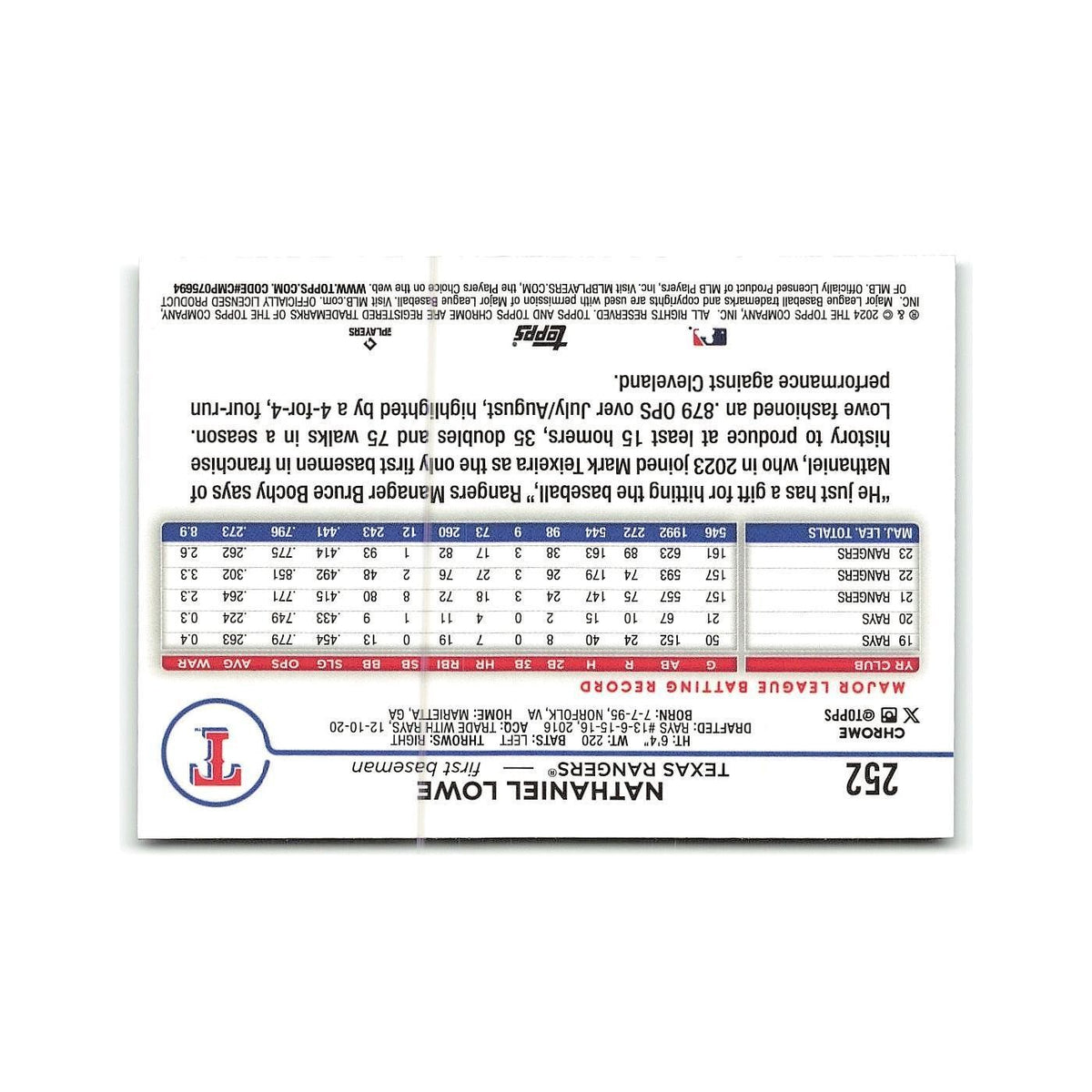 Nathaniel Lowe 2024 Topps Chrome #252 Texas Rangers Baseball Card NM