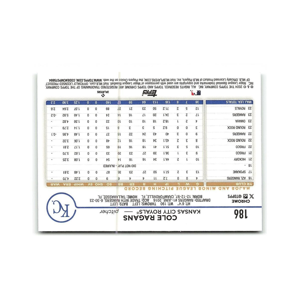 Cole Ragans 2024 Topps Chrome #186 Kansas City Royals Baseball Card NM