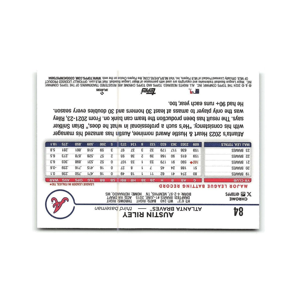 Austin Riley 2024 Topps Chrome #84 Atlanta Braves Baseball Card NM